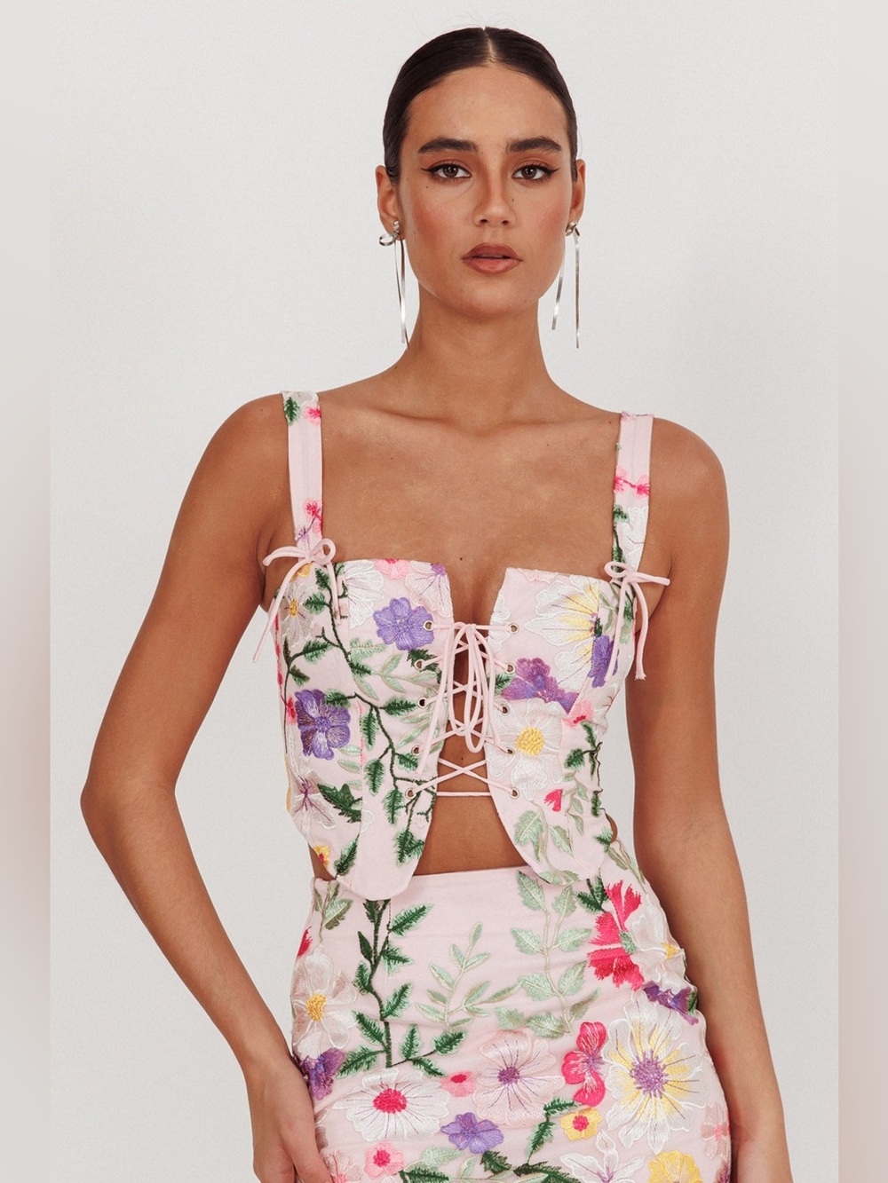 High Street Floral Embroidered Corset Top Pink Multi